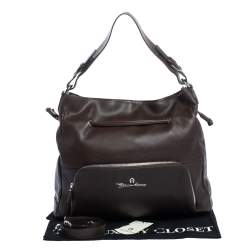 Pre Owned Aigner Dark Brown Leather Drawstring Front Pocket Top Handle Bag