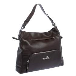 Pre Owned Aigner Dark Brown Leather Drawstring Front Pocket Top Handle Bag