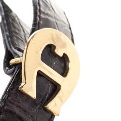 Pre Owned Aigner Black Croc Embossed Leather Logo Buckle Flap Top Handle Bag