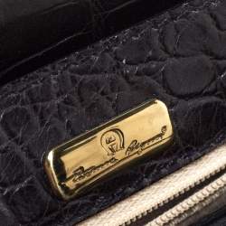Pre Owned Aigner Black Croc Embossed Leather Logo Buckle Flap Top Handle Bag