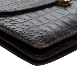 Pre Owned Aigner Black Croc Embossed Leather Logo Buckle Flap Top Handle Bag