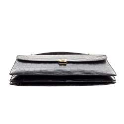 Pre Owned Aigner Black Croc Embossed Leather Logo Buckle Flap Top Handle Bag