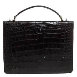 Pre Owned Aigner Black Croc Embossed Leather Logo Buckle Flap Top Handle Bag