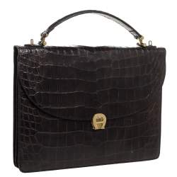 Pre Owned Aigner Black Croc Embossed Leather Logo Buckle Flap Top Handle Bag