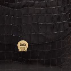Pre Owned Aigner Black Croc Embossed Leather Logo Buckle Flap Top Handle Bag