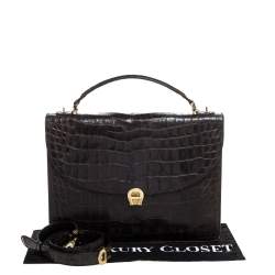 Pre Owned Aigner Black Croc Embossed Leather Logo Buckle Flap Top Handle Bag
