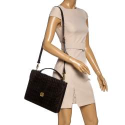 Pre Owned Aigner Black Croc Embossed Leather Logo Buckle Flap Top Handle Bag