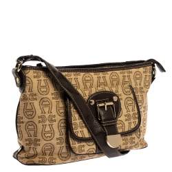 Pre Owned Aigner Brown/Beige Signature Canvas and Leather Pocket Buckle Shoulder Bag
