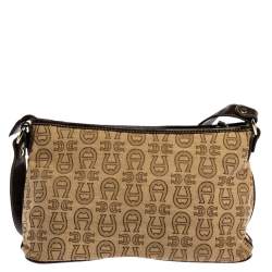 Pre Owned Aigner Brown/Beige Signature Canvas and Leather Pocket Buckle Shoulder Bag
