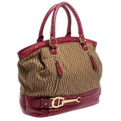 Pre Owned Aigner Pink/Beige Signature Canvas and Leather Zip Satchel