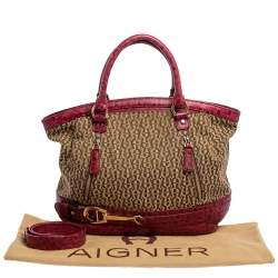 Pre Owned Aigner Pink/Beige Signature Canvas and Leather Zip Satchel