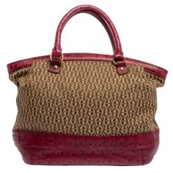 Pre Owned Aigner Pink/Beige Signature Canvas and Leather Zip Satchel