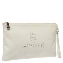 Pre Owned Aigner Cream Leather Wristlet Pouch