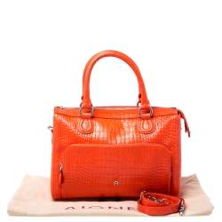 Pre Owned Aigner Orange Croc Embossed Leather Front Pocket Zip Shoulder Bag