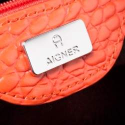 Pre Owned Aigner Orange Croc Embossed Leather Front Pocket Zip Shoulder Bag