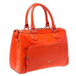 Pre Owned Aigner Orange Croc Embossed Leather Front Pocket Zip Shoulder Bag