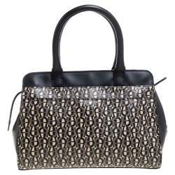 Pre Owned Aigner Black/White Coated Canvas and Leather Turn Lock Satchel