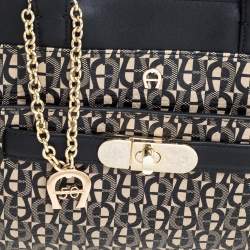Pre Owned Aigner Black/White Coated Canvas and Leather Turn Lock Satchel