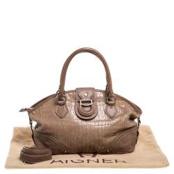 Pre Owned Aigner Brown Croc Embossed Leather Buckle Flap Dome Satchel