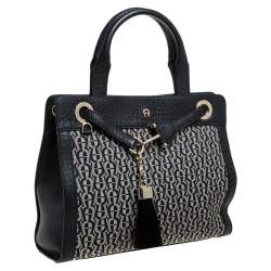 Pre Owned Aigner Black Signature Canvas and Croc Embossed Leather Cavallina Tote
