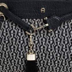 Pre Owned Aigner Black Signature Canvas and Croc Embossed Leather Cavallina Tote