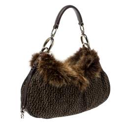 Pre Owned Aigner Brown Signature Canvas,Leather and Faux Fur Logo Handle Hobo