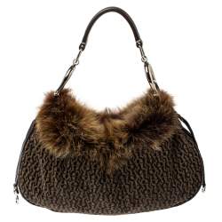 Pre Owned Aigner Brown Signature Canvas,Leather and Faux Fur Logo Handle Hobo