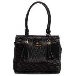 Aigner Black Signature Coated Canvas And Leather Tassel Top Handle Bag