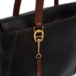 Aigner Black/Brown Grained Leather Logo Metal Handle Tote