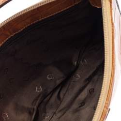 Pre Owned Aigner Tan Croc Embossed Patent Leather Baguette Shoulder Bag