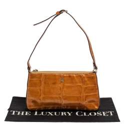 Pre Owned Aigner Tan Croc Embossed Patent Leather Baguette Shoulder Bag