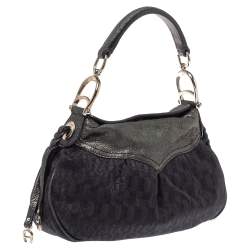 Pre Owned Aigner Black Signature Canvas and Shimmer Nubuck Leather Logo Handle Hobo
