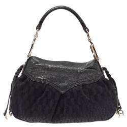 Pre Owned Aigner Black Signature Canvas and Shimmer Nubuck Leather Logo Handle Hobo