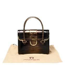 Aigner Brown Ombre Croc Embossed Leather Metal Bar Flap Tote