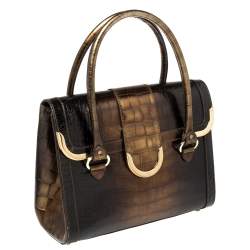 Aigner Brown Ombre Croc Embossed Leather Metal Bar Flap Tote