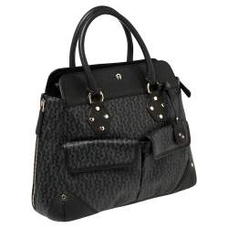 Pre Owned Aigner Black/Grey Signature Coated Canvas and Leather Satchel