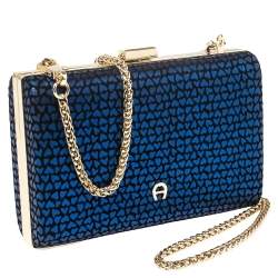 Pre Owned Aigner Blue/Black Heart Print Suede Frame Chain Clutch