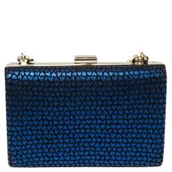 Pre Owned Aigner Blue/Black Heart Print Suede Frame Chain Clutch