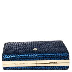 Pre Owned Aigner Blue/Black Heart Print Suede Frame Chain Clutch