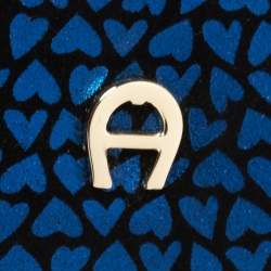 Pre Owned Aigner Blue/Black Heart Print Suede Frame Chain Clutch