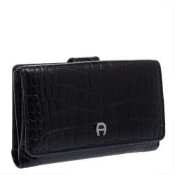 مملوكة مسبقًا Aigner Black Croc Embossed Continental Wallet
