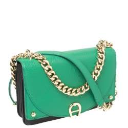 Pre Owned Aigner Green/Black Leather Diadora Shoulder Bag