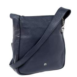 Aigner Navy Blue Grained Leather Zip Messengers Bag