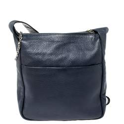 Aigner Navy Blue Grained Leather Zip Messengers Bag