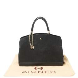 Pre Owned Aigner Black Leather Logo Charm Satchel