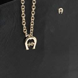 Pre Owned Aigner Black Leather Logo Charm Satchel