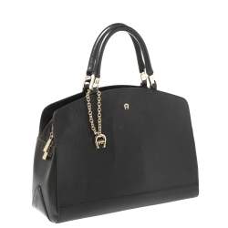Pre Owned Aigner Black Leather Logo Charm Satchel