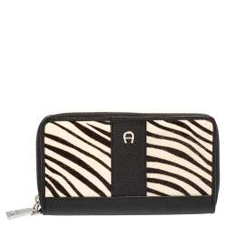 Pre Owned Aigner Black/White Zebra Print Calf Hair and Leather Zip Around Wallet