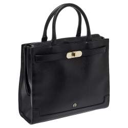 Pre Owned Aigner Black Leather Turnlock Tote