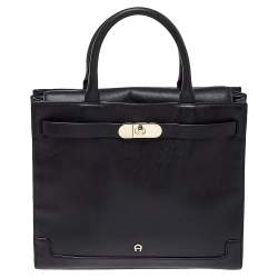 Pre Owned Aigner Black Leather Turnlock Tote